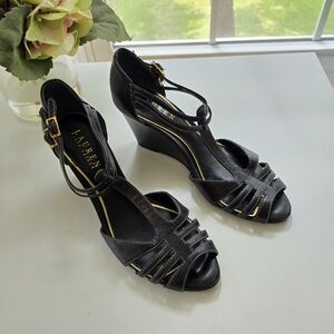 Black Leather Wedge Sandals with Ankle Strap